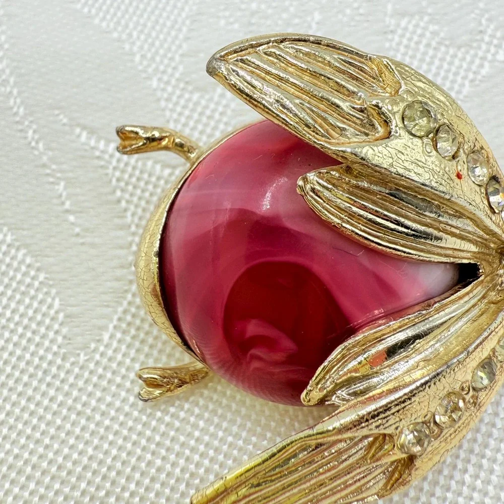 Vintage Insect Art Deco Style Brooch w/ Blue Rhinestone Eyes and Red Resin Belly